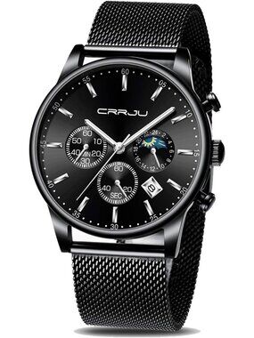 Men's Black Silver Chronograph Waterproof Steel Quartz Mesh Strap Casual Watch